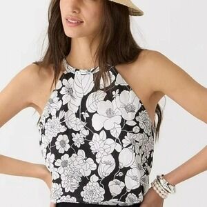 J. Crew NEW Amber Black White Classic Floral Linen Halter Tank Top SZ Large Boho